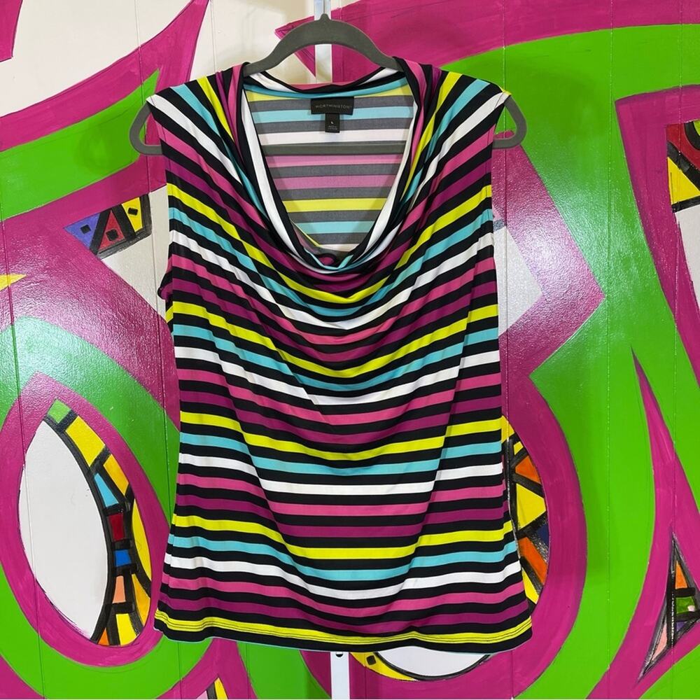 Worthington, Sleeveless Flowy Neck Blouse. Stripes. Size Large. Excellent cond!